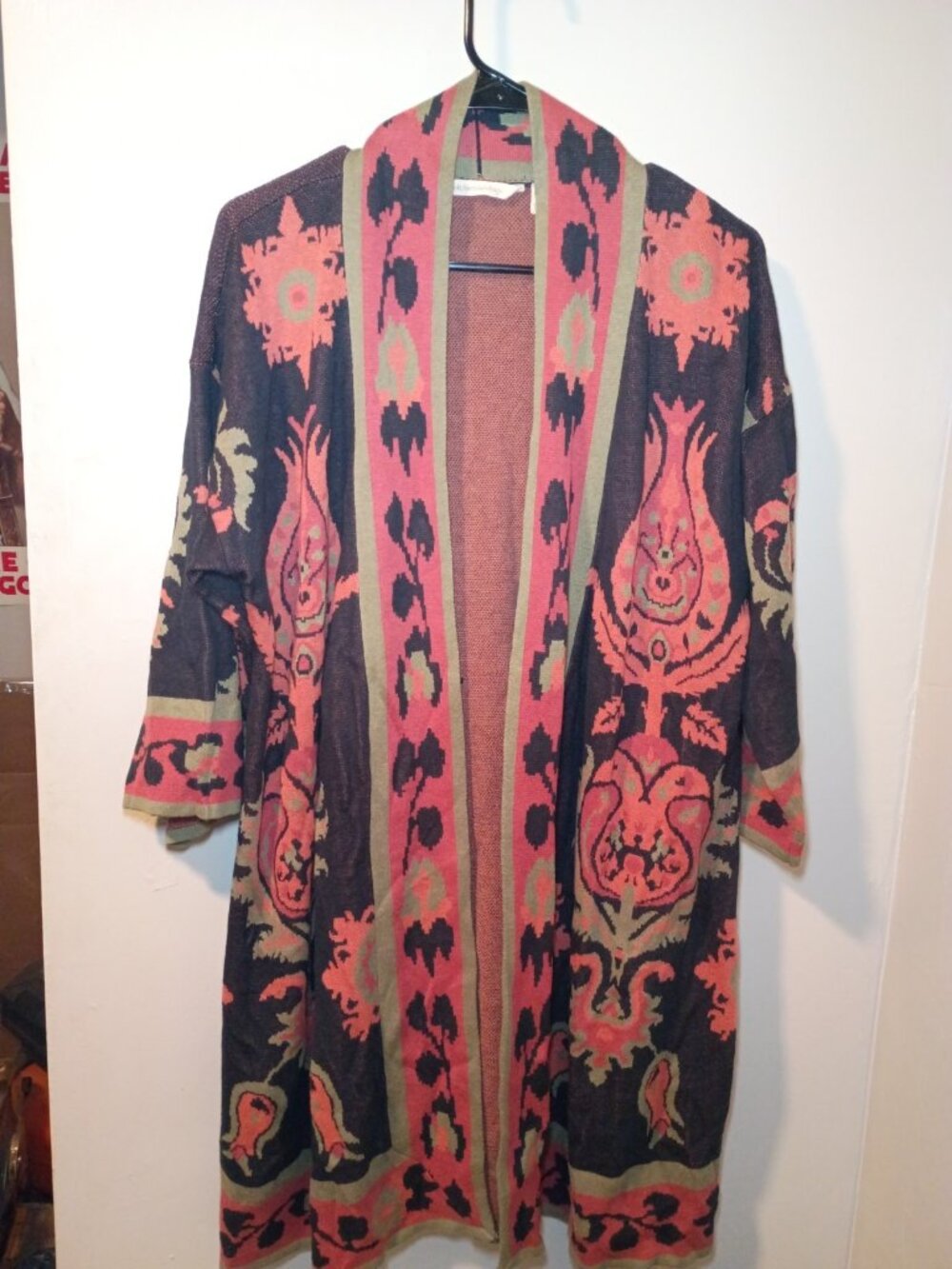 Soft Surroundings Sweater Womens Medium Black Orange Cardigan Damask Knit Long